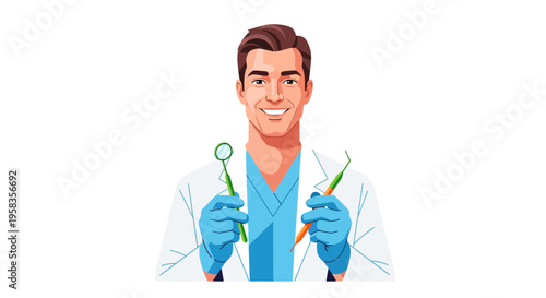 Smiling Male Dentist Holding Dental Instruments Ready for Examination.