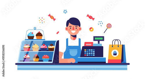 Smiling male shopkeeper at candy and cupcake store counter.