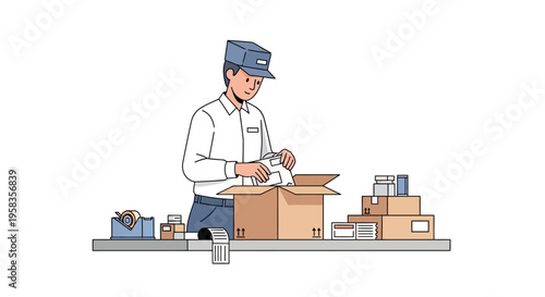 Postal worker carefully packing boxes with items for delivery.