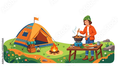 Person cooking outdoors at a campsite with a tent.