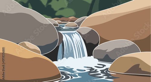 Small Waterfall Flowing Over Smooth Rocks in a Forest Stream.