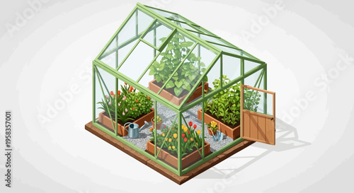 Small greenhouse filled with healthy green plants and gardening tools.