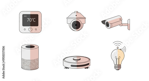 Smart home devices collection with thermostat security camera speaker and robotic vacuum cleaner.