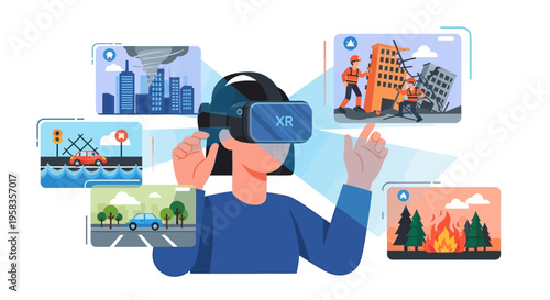 Person experiencing virtual reality with multiple scenarios.