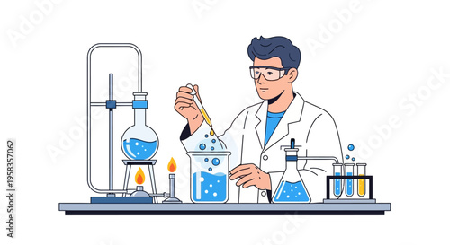 Scientist conducting experiment in laboratory with beakers and test tubes.