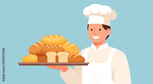 Smiling Baker Holding Tray of Freshly Baked Bread and Pastries.