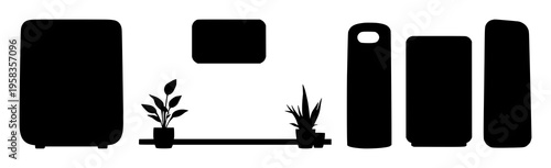 Solid black silhouette of a sleek smart-home air purifier, 2026 wellness and environmental tech, white background. set with simple line art design featuring simple design, minimalist, black and whi...