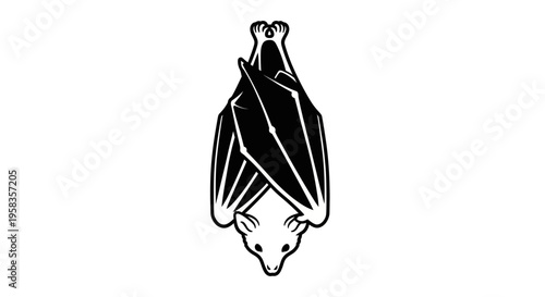 Stylized Bat Hanging Upside Down Black and White Illustration.