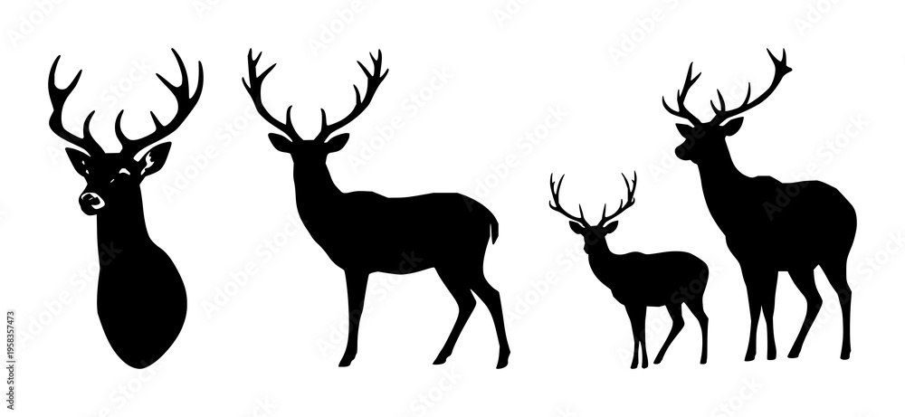 Fototapeta premium Deer with antlers silhouette set with simple line art design featuring sketches, drawings, vector graphics with minimalist and simple illustrations