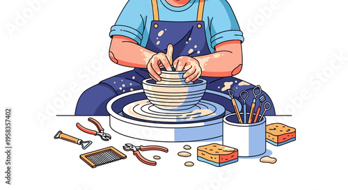 Potter shaping clay on a spinning wheel.