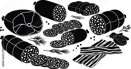 Black silhouette cured meat collection with salami slices, sausages, bacon strips, delicatessen food elements, detailed vector illustration set