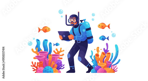 Scuba diver exploring vibrant coral reef with tablet.