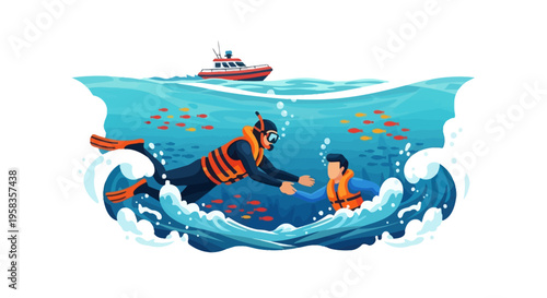 Scuba Diver Helping Child in Ocean Water.