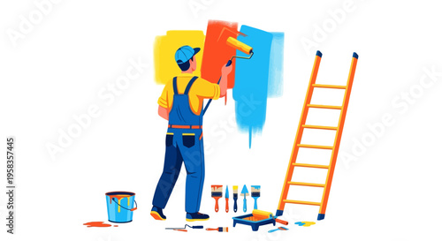 Painter Man Painting Wall With Roller And Brush Tools.