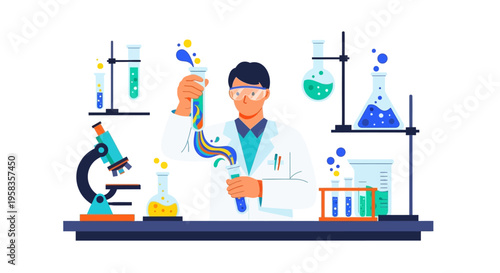 Scientist conducting experiment in laboratory with equipment.