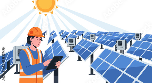 Solar energy technician inspecting solar panels on a sunny day.