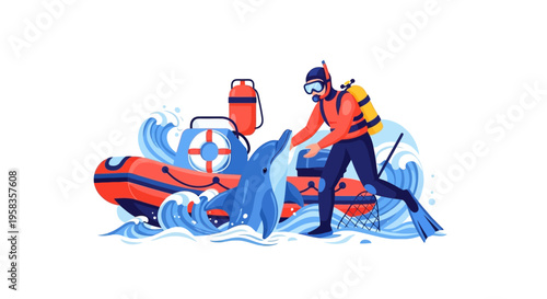 Scuba Diver Interacting With Dolphin Near Raft.