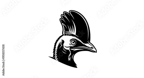 Stylized Cassowary Bird Head Illustration Black and White.