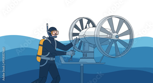 Scuba diver operating underwater turbine device.