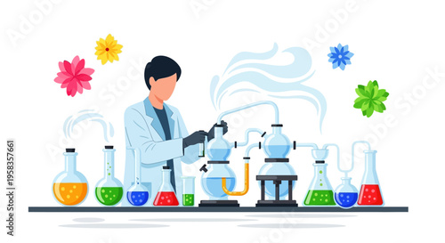 Scientist conducting experiment in laboratory with equipment.
