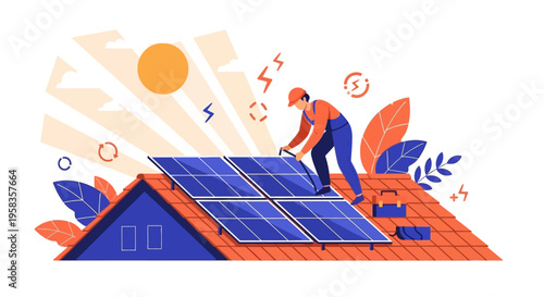 Solar panel installation worker on rooftop.