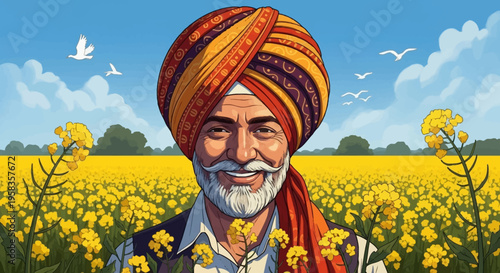 Baisakhi, Smiling Indian man in colorful turban and white beard standing in a vibrant yellow mustard field under blue sky