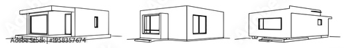 Minimalist one-line drawing of a modern modular house shown from a three-quarter perspective. The subject is a continuous black line illustration on a stark white background, featuring geometric re...
