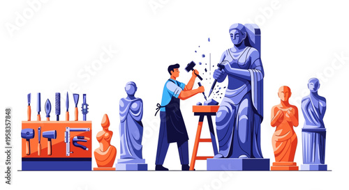 Sculptor meticulously carving a large statue with tools.
