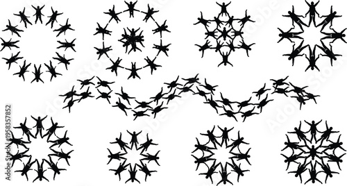 Black silhouette set of skydivers performing aerial formations and patterns in the sky for adventure and teamwork vector designs.