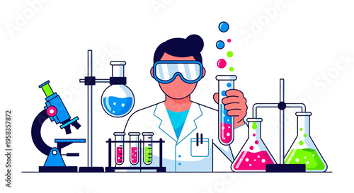 Scientist conducting experiment with colorful liquids in laboratory.