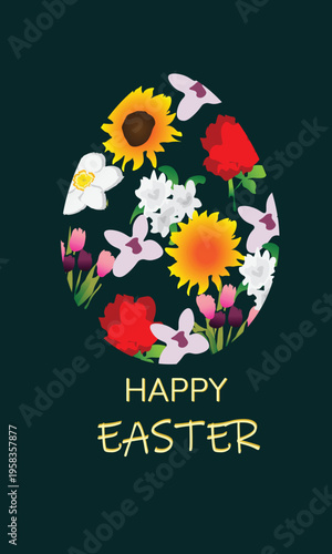 Floral Easter Egg Design with Spring Flowers and Happy Easter Greeting. A creative Easter design featuring an egg-shaped arrangement filled with various spring flowers.