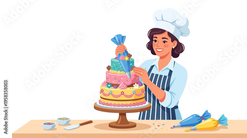 Skilled Baker Decorating Elaborate Multi-Tiered Cake with Precision.