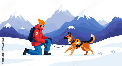 Search and Rescue Worker with Dog in Snowy Mountains.