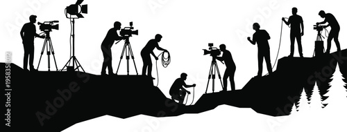 Black silhouette vector of professional film crew shooting outdoor movie on mountain cliff with cameras and lighting equipment.