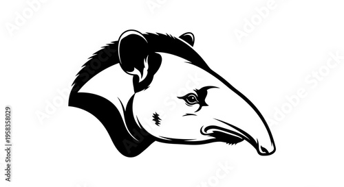 Stylized illustration of a tapir head in black and white.