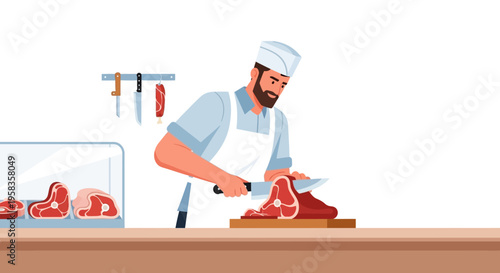Skilled butcher expertly cuts fresh meat at counter.