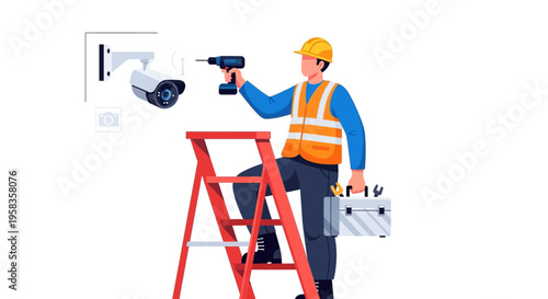 Security Camera Installation Technician Working on Ladder.