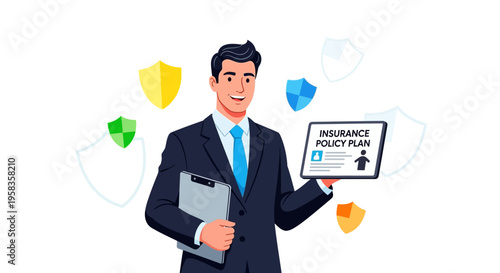 Professional businessman presenting insurance policy plan with security shields.