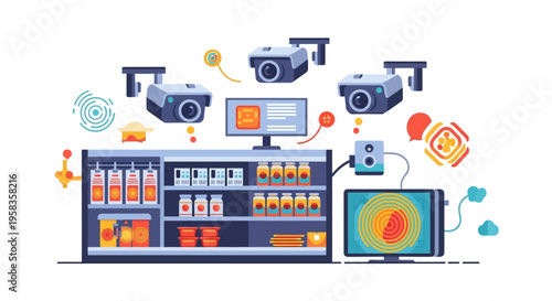 Security cameras monitoring a store shelf with products.