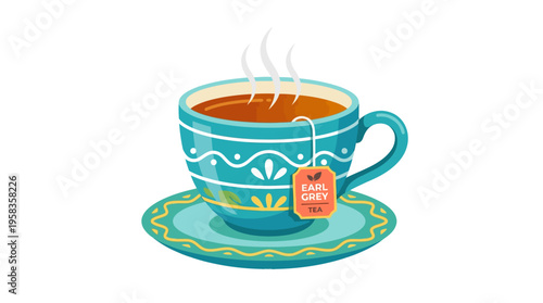 Steaming Cup of Tea with Decorative Pattern.