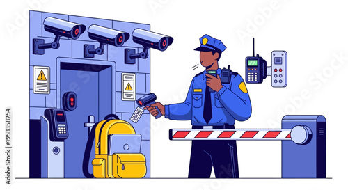 Security Guard Inspecting Backpack at Checkpoint.