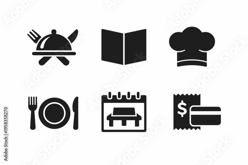 Restaurant icons: dining, menu, chef hat, plate, reservation, payment