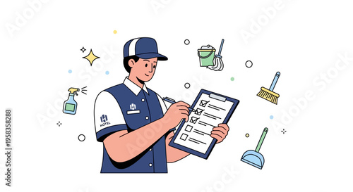 Professional cleaner checking off tasks on a clipboard.