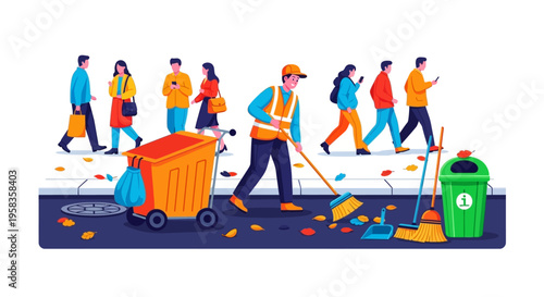 Street cleaner working hard on a busy sidewalk.