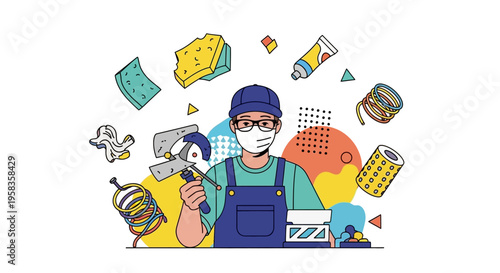 Professional cleaner wearing mask and overalls with cleaning supplies.