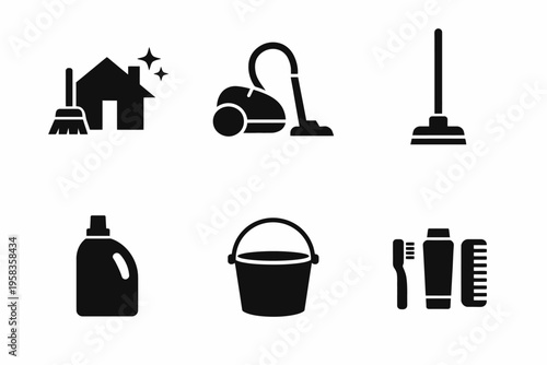 House cleaning icons set: broom, vacuum, plunger, detergent, bucket, brushes