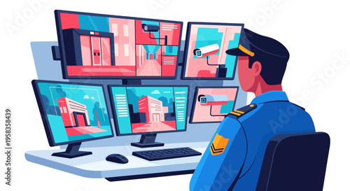Security Guard Monitoring Multiple Surveillance Screens.