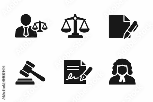 Legal icons set: judge, scales, documents, gavel, signature