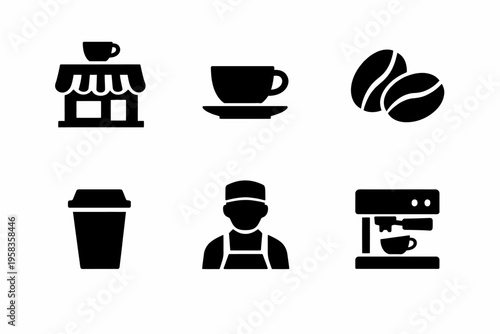 Coffee shop icons set featuring drinks, equipment, and barista silhouette