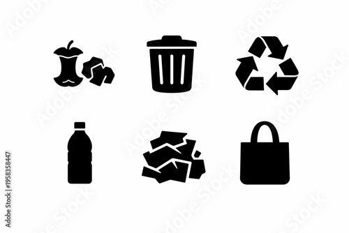 Waste management icons: recycle, trash bin, compost, plastic bottle, reusable bag, paper waste
